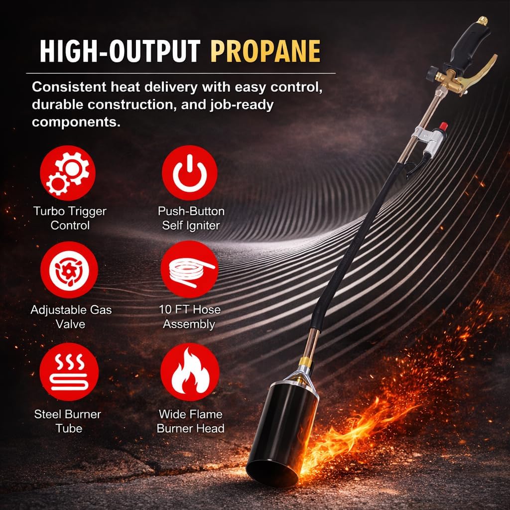 Propane Torch Weed Burner, Max 3600°F Weed Torch with 10 FT Hose and Adjustable Flame, Heavy Duty Flame Blow Torch with Turbo Trigger and Push Button Igniter for Weeding Roofing Melting Snow Ice