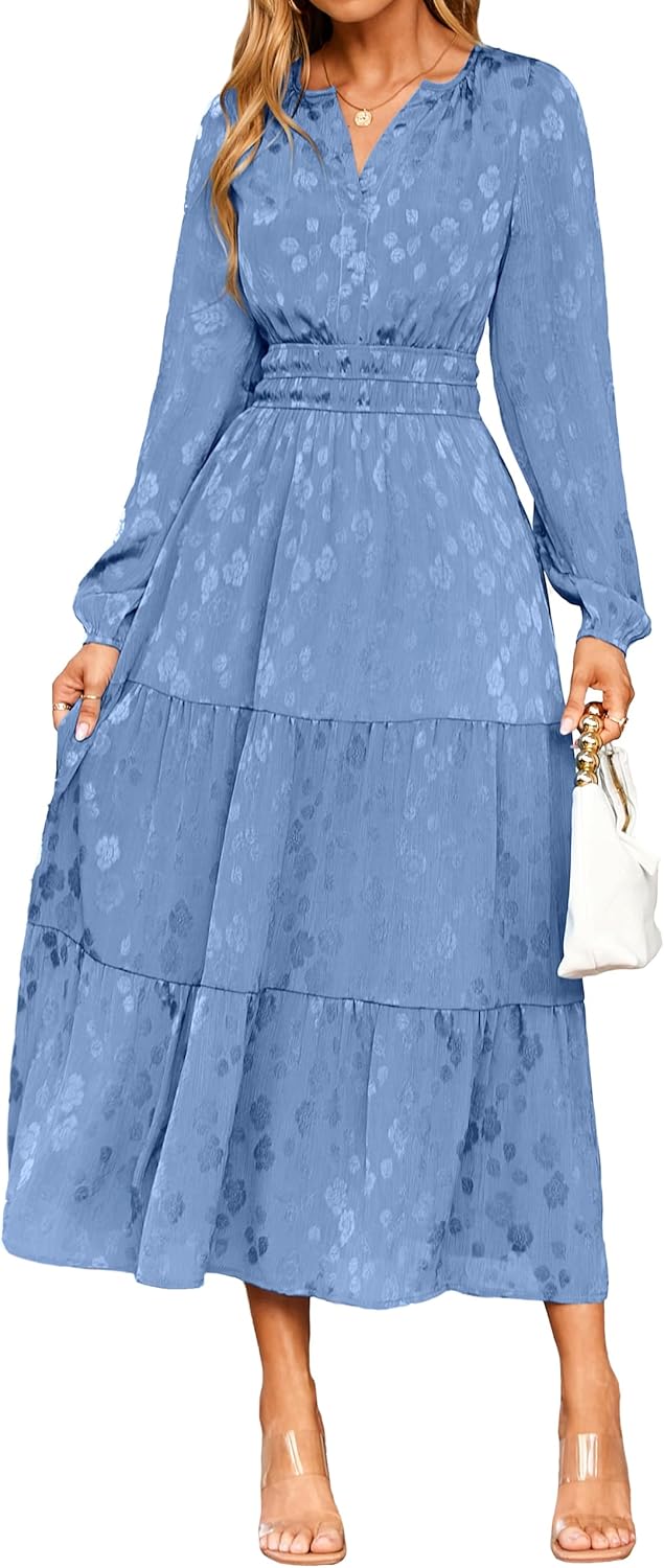 Simplee Womens Casual Long Sleeve Dress Fall Elegant Wedding Guest V-Neck Maxi Floral Dresses 2025 Trendy
