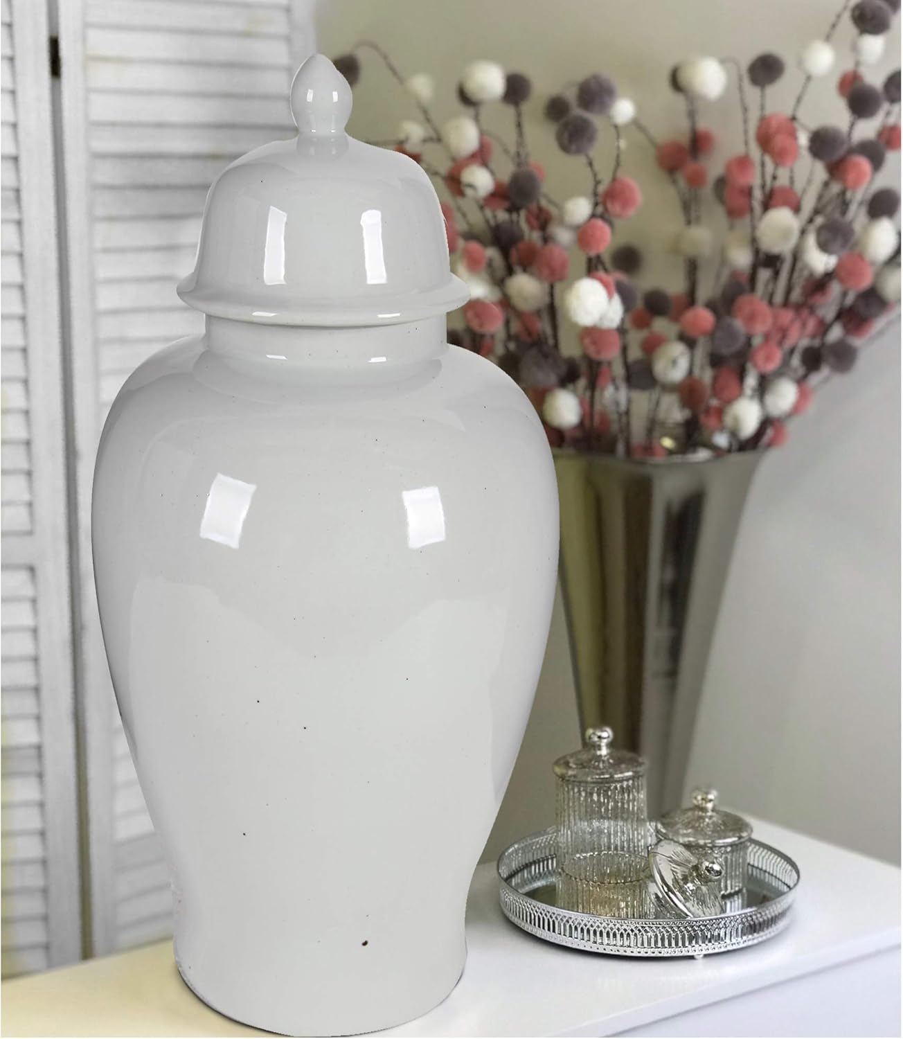 Benzara BM165658 Ceramic Ginger Jar with Lid, Off White