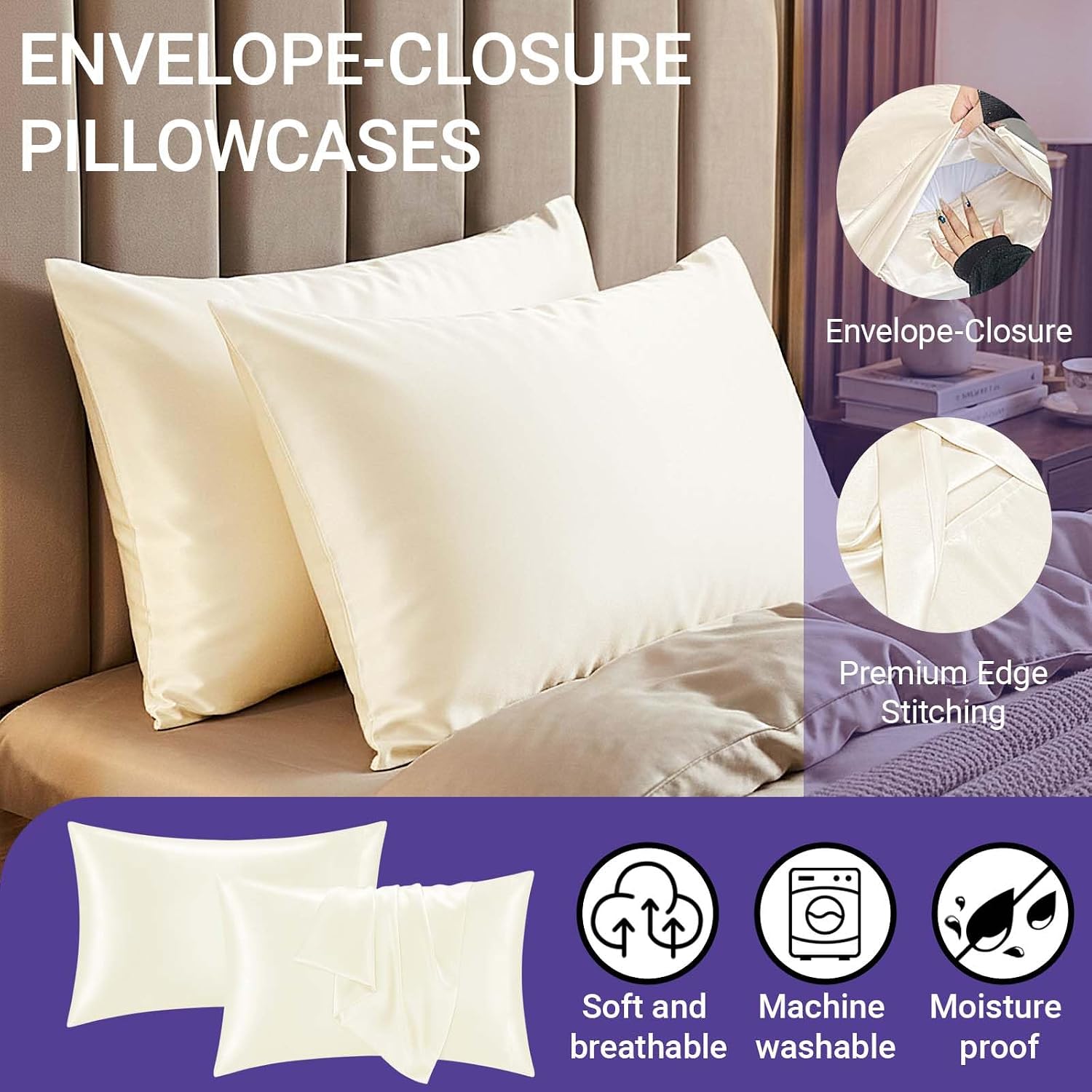 Q&J Fabric Co. Satin Pillow Cases 2 Pack, Standard Size Similar to Silk Pillow Cases for Hair and Skin, Beige Cooling Satin Pillowcase with Envelope Closure, 20X26 Inch