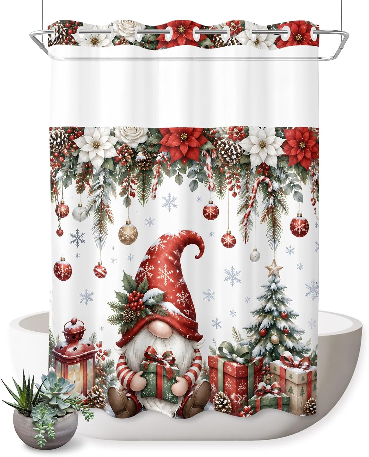 Christmas Gnome No Hook Shower Curtain Winter Snowflakes Pine Tree Flowers Gift Box Shower Curtain with See Through Top Window, Waterproof Washable Fabric Curtain for Bathroom Hotel Decor, 60Wx72L