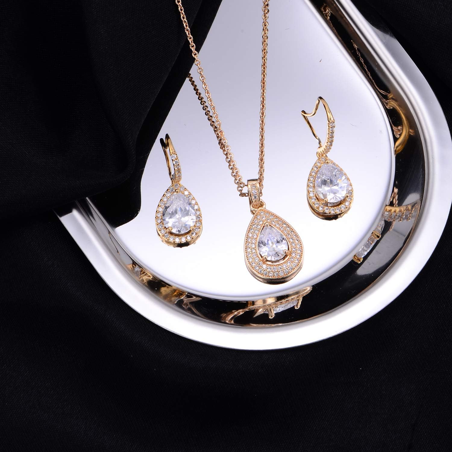 Crystal Wedding Bridal Jewelry Set Teardrop Pendant Necklace Drop Dangle Earrings Set for Bride Bridesmaids Mother of Bride Prom Party Formal Jewelry Set for Women - Image 3