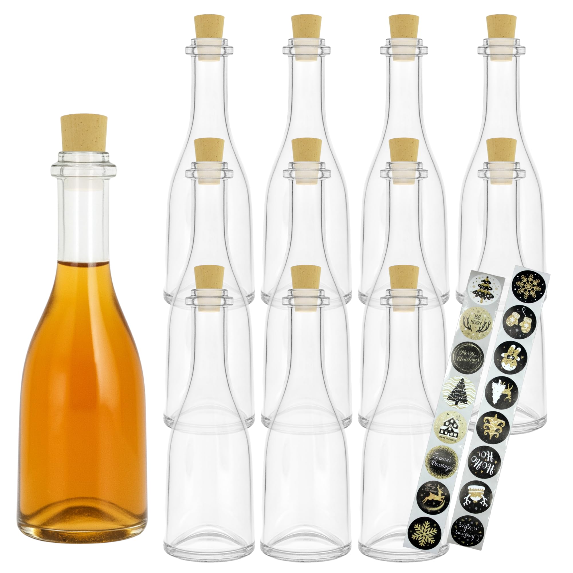gouveo Glasflaschen 12er Set 200 ml Rustica mit Korken + 24 Weihnachtsaufklebern zum Weihnachtsverschenken