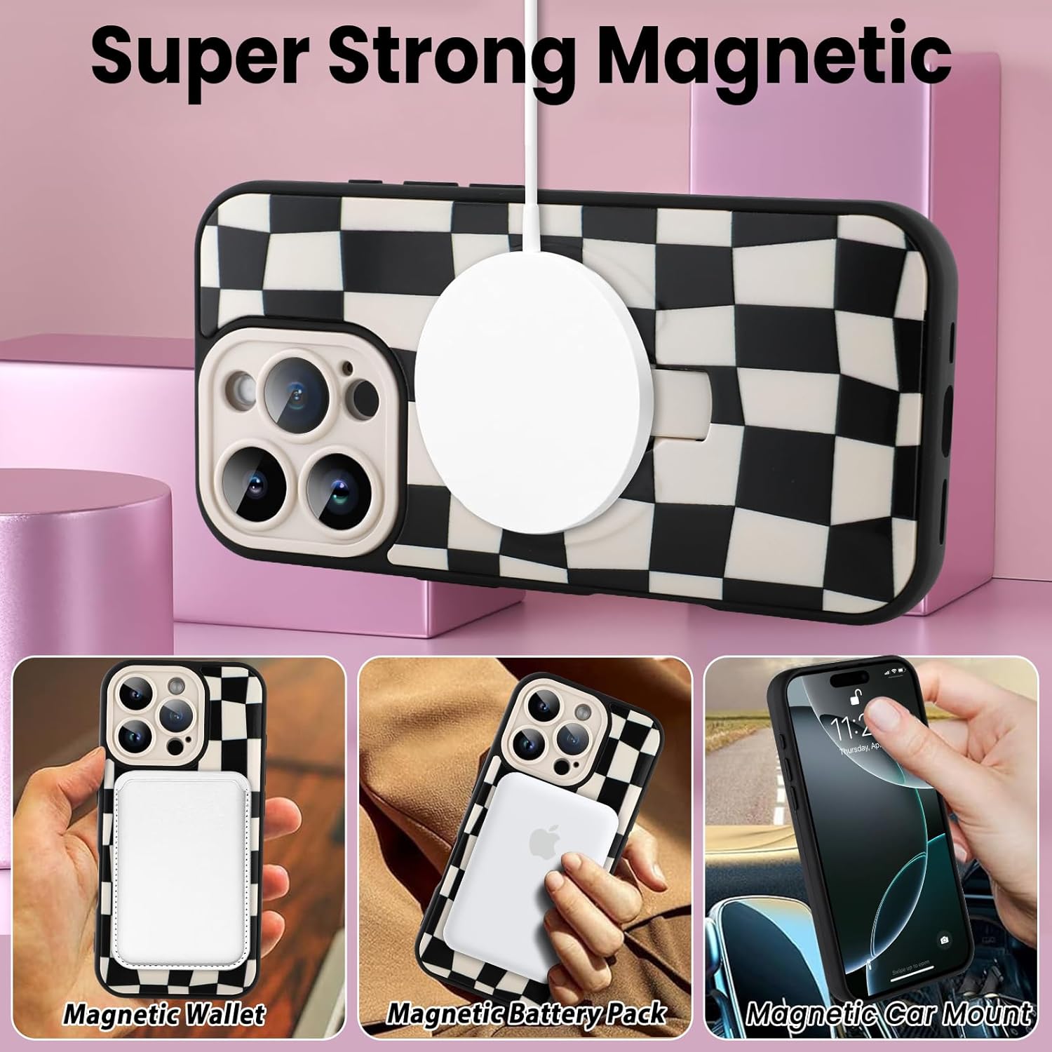 SOKAD Magnetic Checkered Case for iPhone 16 Pro Max with Finger Strap Kickstand, Compatible with Magsafe, Cute Checkerboard Designed for Women Men, Full Camera Protection Cover, Black & White - Image 2