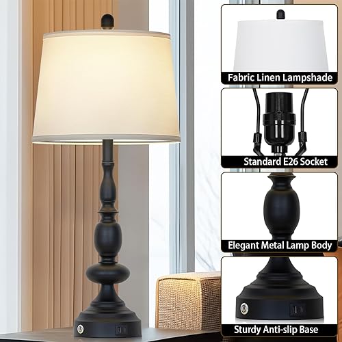 Miniatura 4 de 29" Black Modern Table Lamps Set of 2, Industrial Touch Control 3-Way Dimmable Bedside Lamp with USB C+A Ports, Metal Nightstand Lamps for Living