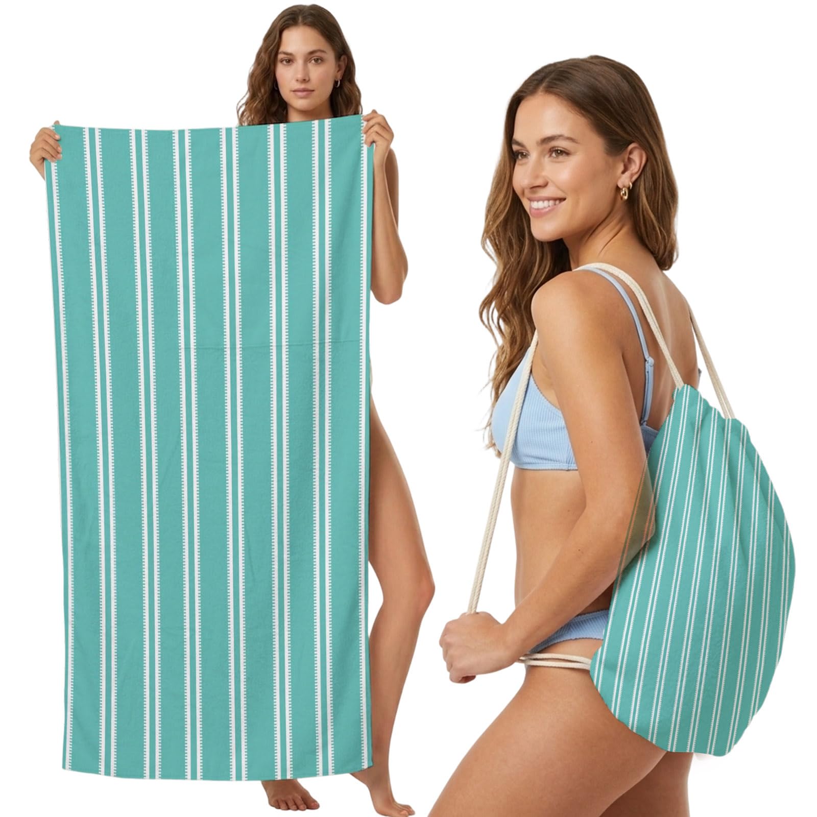 Beach Towel Bag 2 in 1 Turquoise Vertical Striped Bath Pool Towels Backpack Pinstripes Lines Absorbent Beach Towel Soft Quick Dry Lightweight Packable Towels Drawstring Bag for Travel Sports Yoga