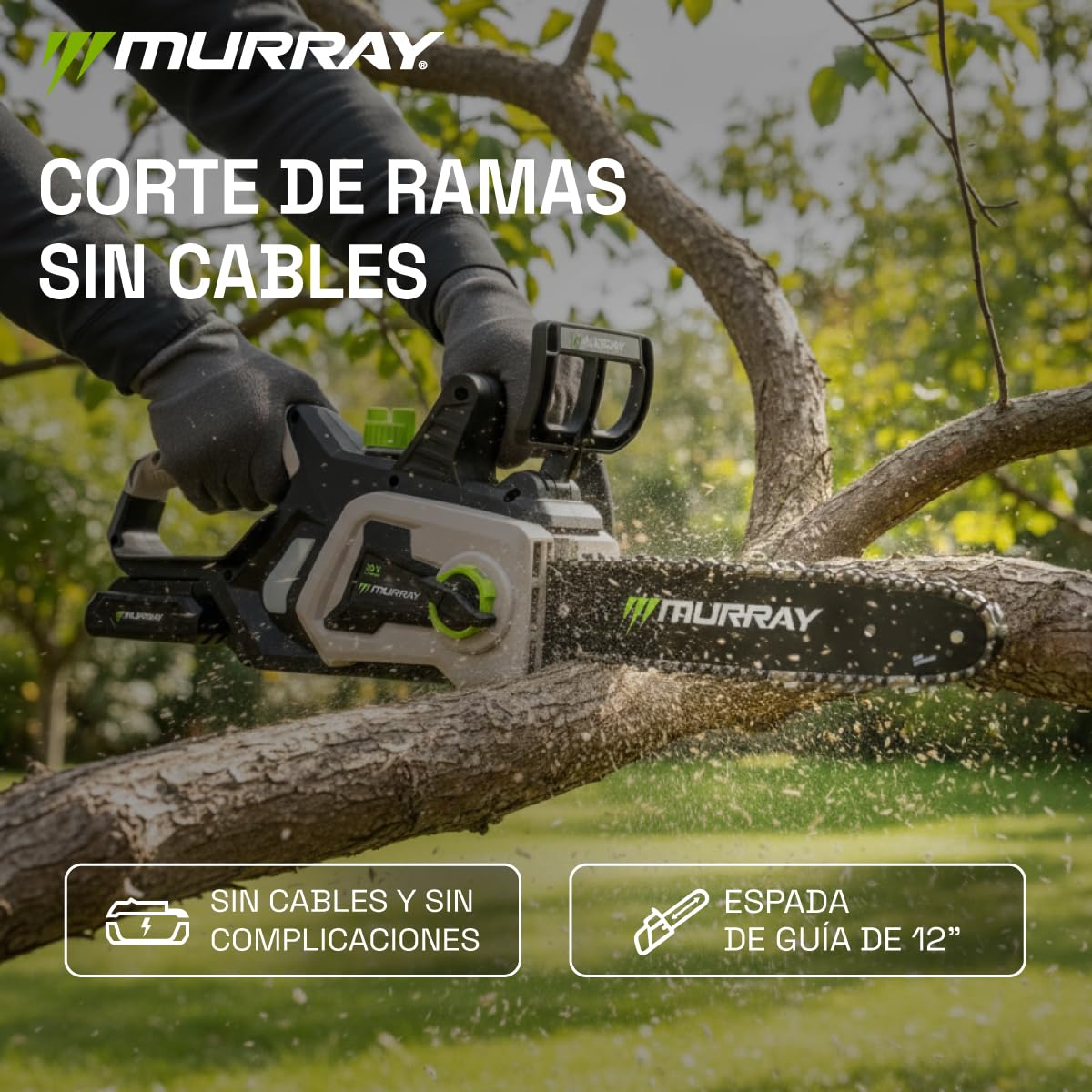 Murray Motosierra Inalámbrica 20V MU-BAT-CS30-KIT – Espada & Cadena 12", Función SDS, Freno de Seguridad Doble – Empuñadura Redonda, Gran Ventana de Aceite – Incluye Batería 4Ah & Cargador