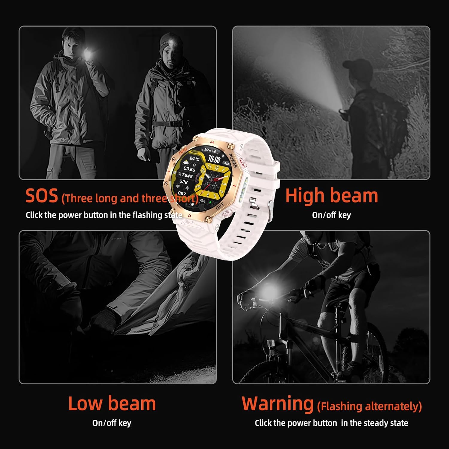 Four images demonstrating the ZLKJ ZL-SW8 smartwatch's tactical flashlight features: SOS, High beam, Low beam, and Warning modes.