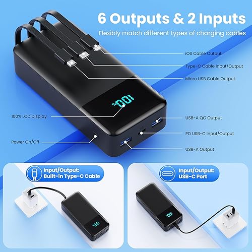 Miniatura 4 de Cargador portátil de 50800 mAh con 3 cables incorporados, 25 W PD USB C, carga rápida de teléfono, QC4.0 para viajes al aire libre, paquete de
