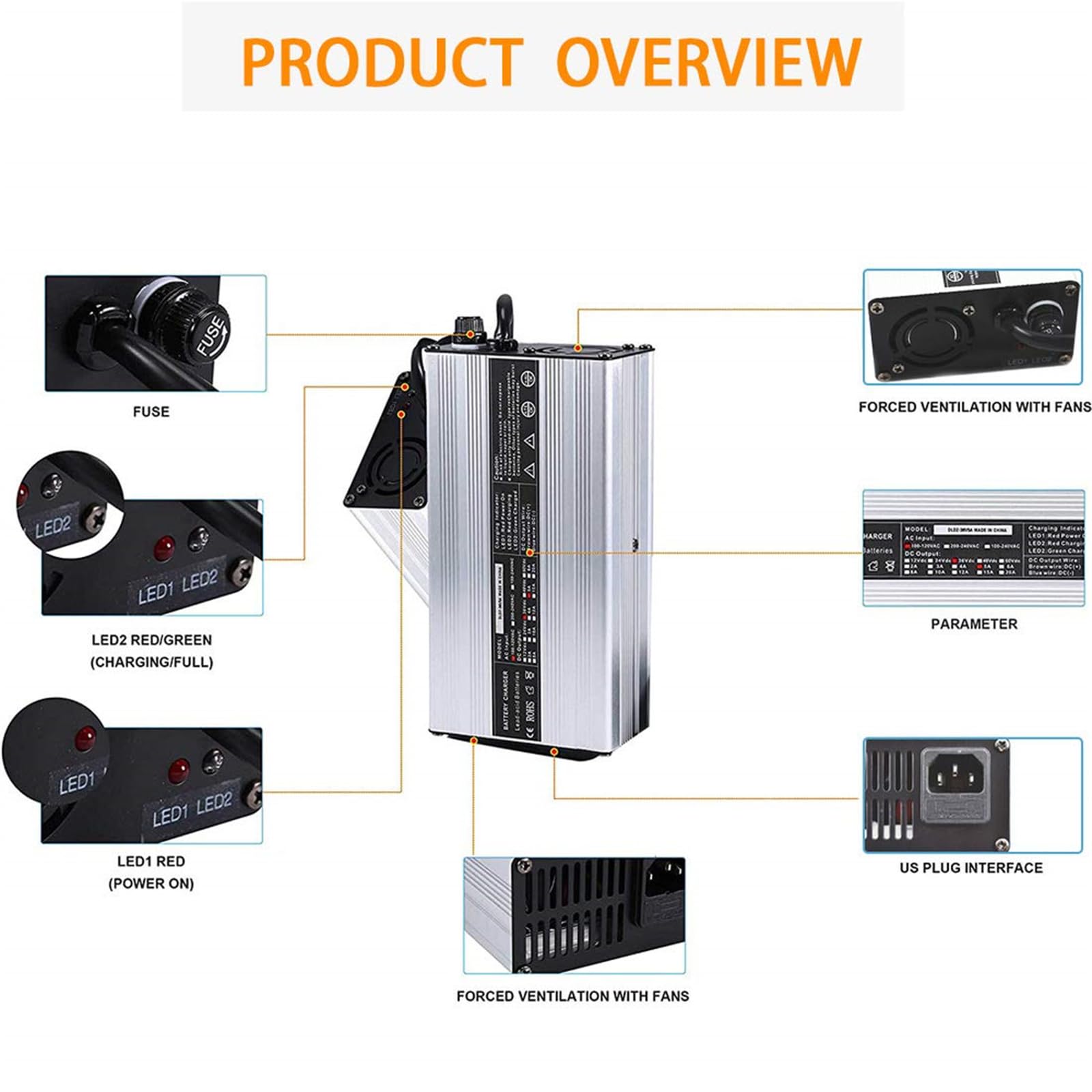 Ładowarka akumulatorów wózków widłowych 12V/24V/36V/48V Ładowarki akumulatorów kwasowo-ołowiowych z wtyczką Anderson 50A/120A/175A