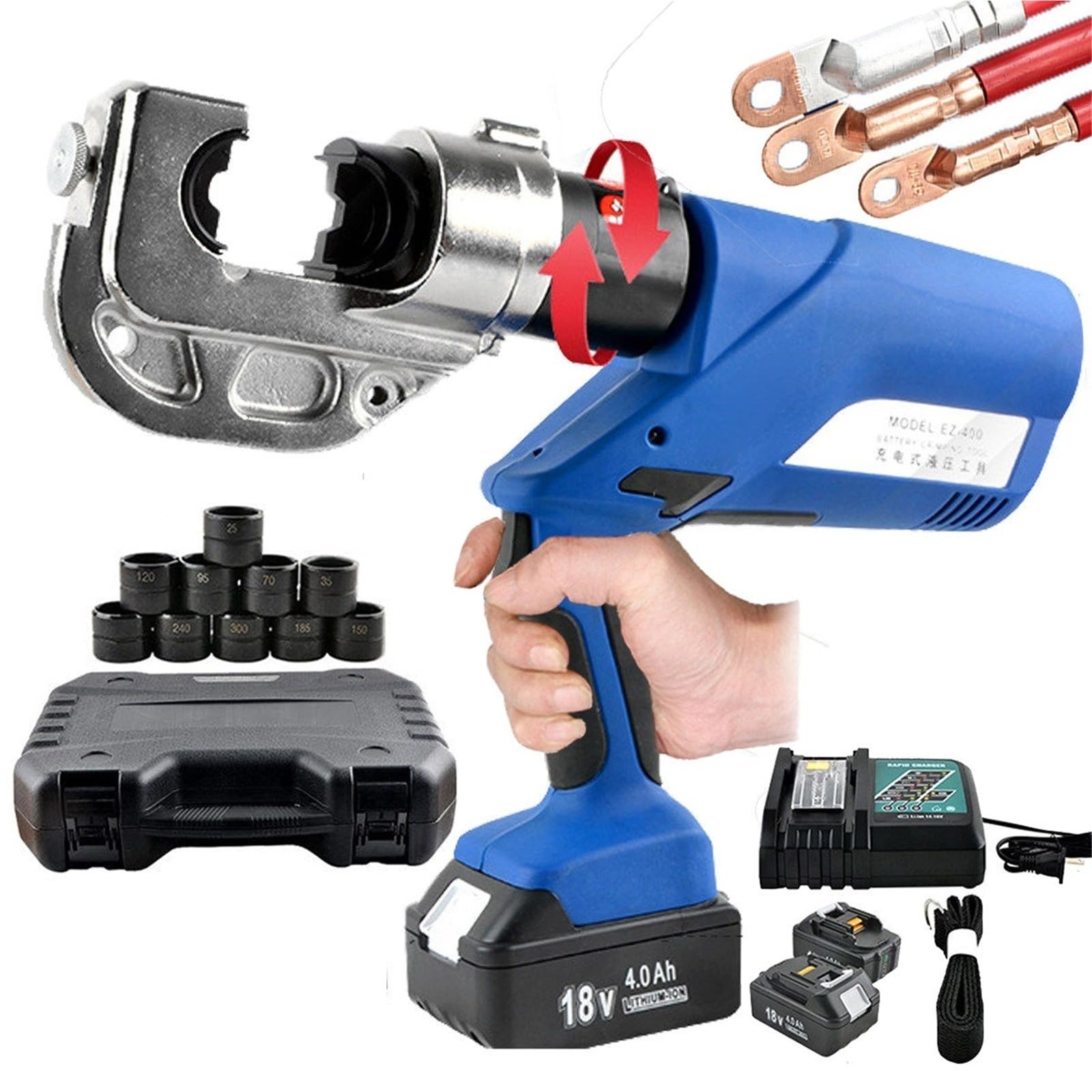 18V Electric Hydraulic Crimping Tool - 16-400mm² Wire Crimper for Copper and Aluminum Terminals with 2 Batteries - Digital Display - 360 Rotation - LED - 6-18s Fast Crimp