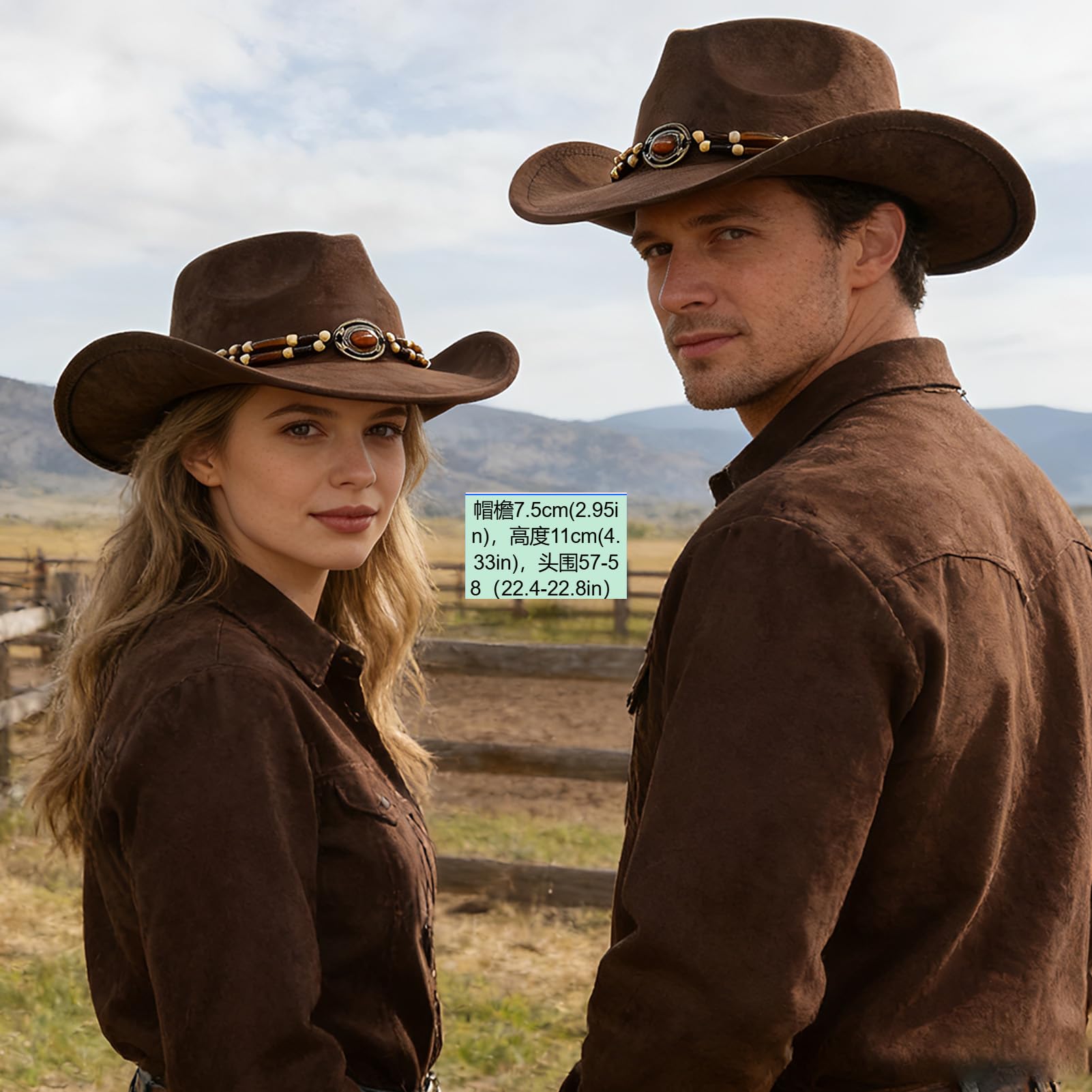 MYKAGS Brown Occidental Cowboy Chapeau Hommes et Femmes Large Edge Outdoor Suede Chapeau Taille Réglable Classique Cowboy Chapeau Design de Mode