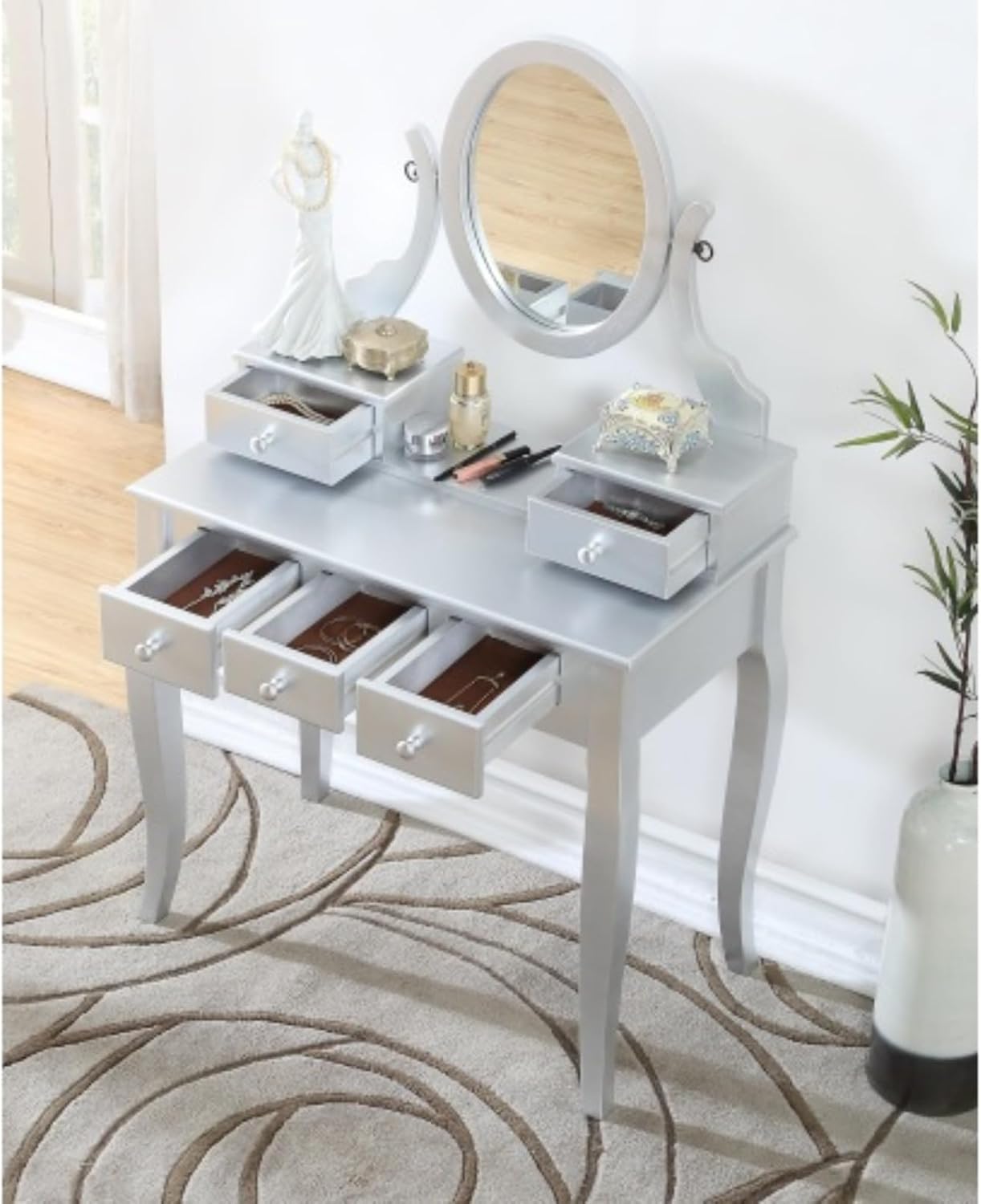 Makeup Vanity and Stool Set, Makeup Vanity, Adjustable Mirror, 5 Lined Drawers, Smooth Tabletop, Elegant and Stylish Bedroom Furniture