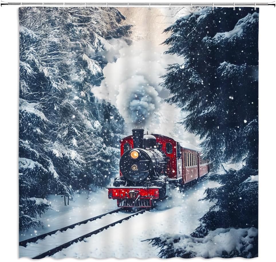 Winter Train Shower Curtain Vintage Steam Engine Railway Snowy Tree Country Snow Scene Bathroom Decor Curtains Set with Hooks, 70" W x 86" H