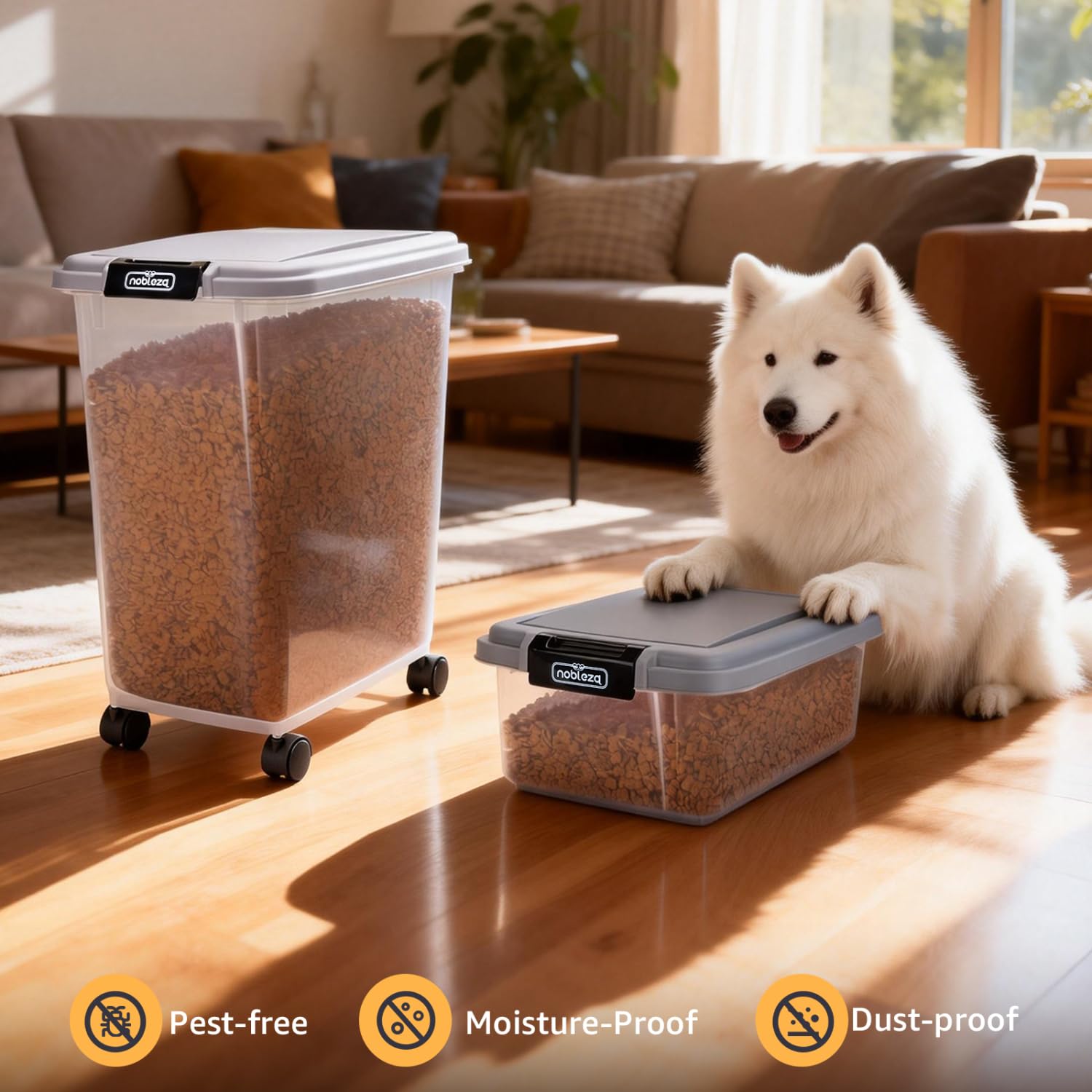 Nobleza Contenedor de Comida para Mascotas 10L+40L， Caja Hermética Transparente con Ruedas， Tapa Abatible y Pala para Alimento de Perros y Gatos， Gris