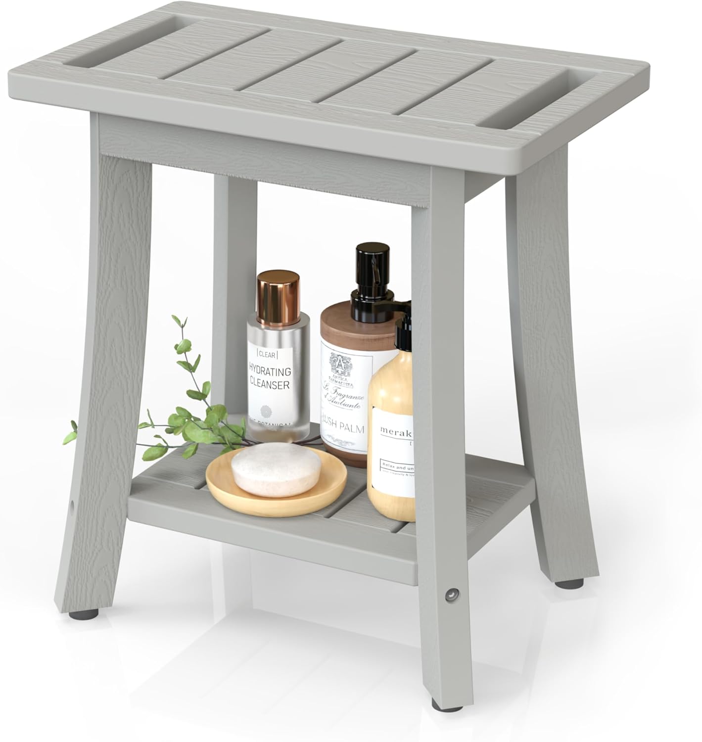 BEKVEMLIVING Waterproof Shower Bench Stool with Storage Shelf, Adjustable Feet, Poly Lumber Grey Seat for Indoor Outdoor Use