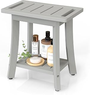 BEKVEMLIVING Waterproof Shower Bench Stool with Storage Shelf, Adjustable Feet, Poly Lumber Grey Seat for Indoor Outdoor Use