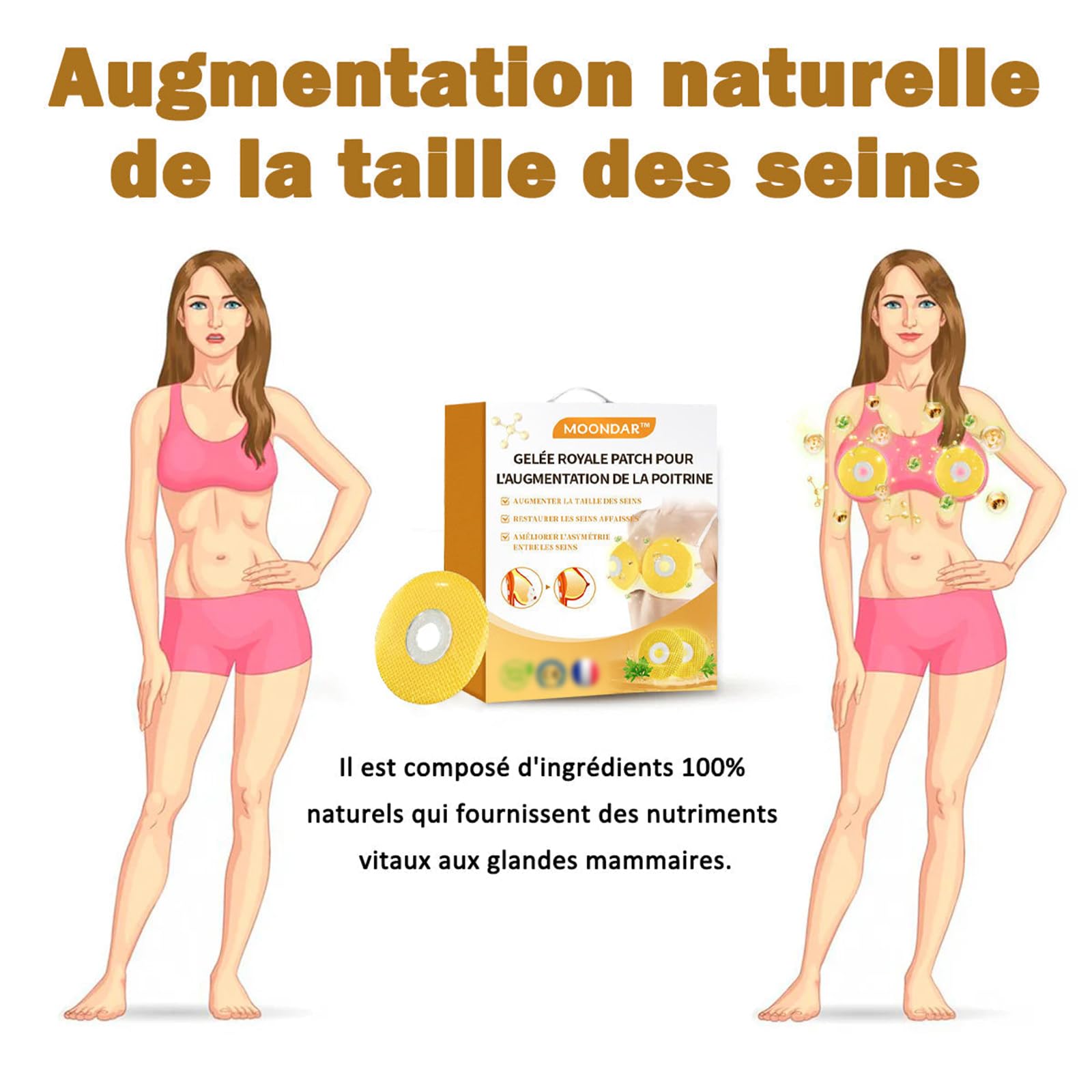 Moondar Royal Jelly Breast Enhancement Patch, Naturel Moondar Royal Jelly Breast Enhancer, Patch raffermissant nourrissant pour Les Seins naturels pour Les Femmes (2 pièces)