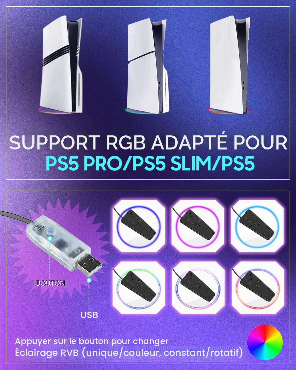 RGB Support Vertical pour Console PS5 Slim Disc & Digital et Play5 | Socle Vertical compatible avec Play 5 Pro console, Support de console peu encombrant
