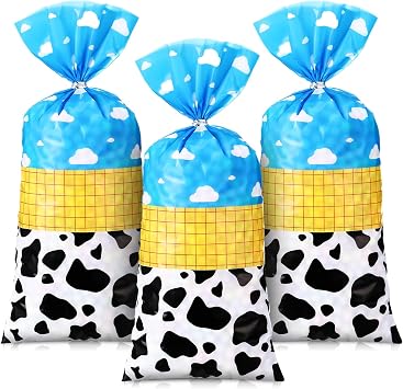 Dispowreath 100 Pcs Cartoon Toy Theme Gift Bags Goodie Candy Treat Cellophane Bags, Party Favor Supplies Blue Sky White Cloud Cow with 150 Pcs Twist Ties for Cowboy Cowgirl Birthday Party