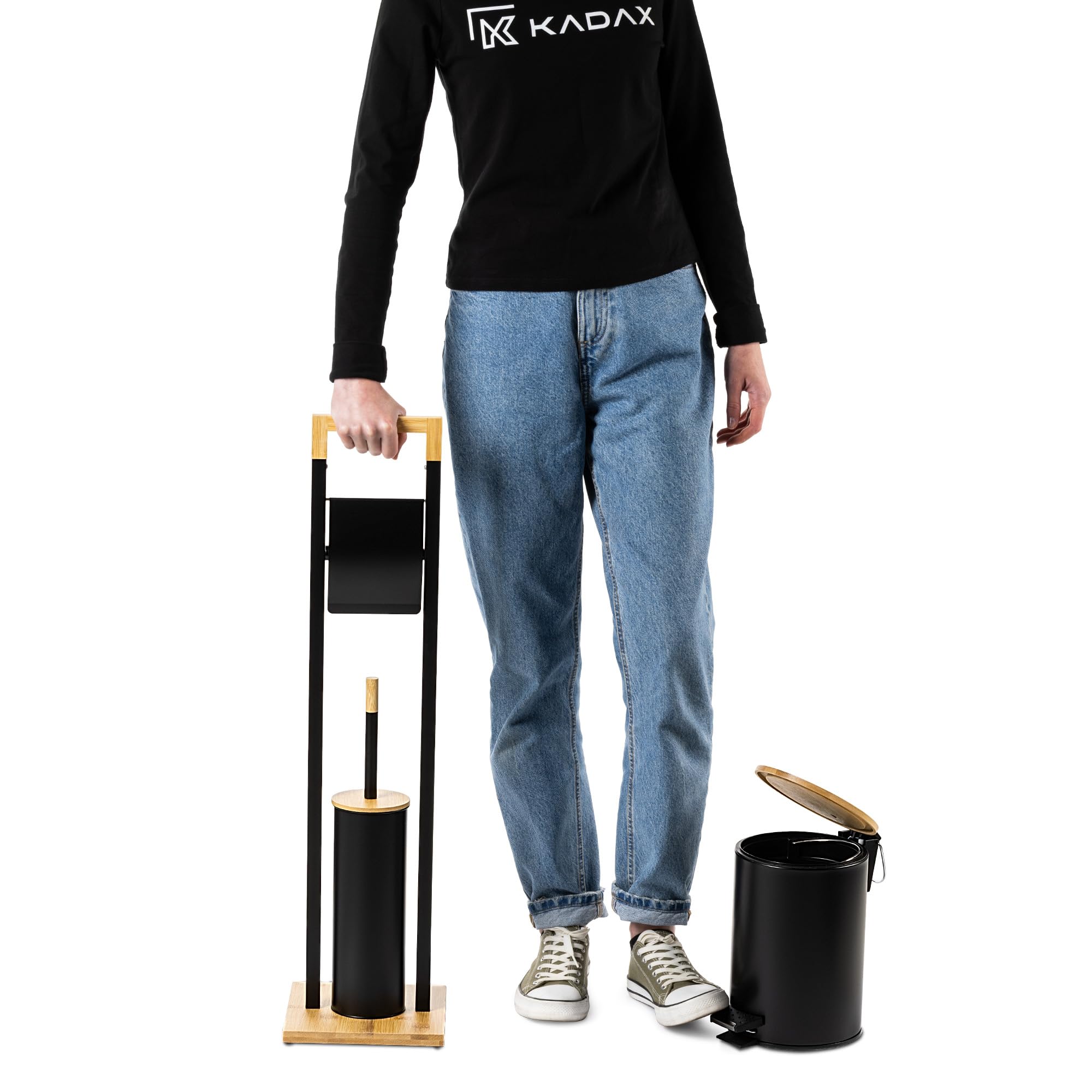 KADAX Toilettenpapierhalter mit integrierter WC-Bürste und Kosmetikeimer, Klopapierhalter Stehend mit Toilettenbürste, Toilettenpapierständer (Schwarz)