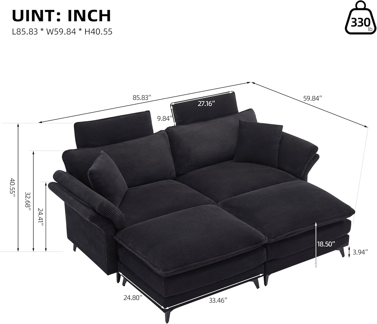 KEIKI 85.8" Oversized Corduroy Loveseat Sectional Sofa w/Movable Ottoman & Headrests,Modern Minimalist Deep Seat Cloud Couches with Extra-Thick Cushions, for Living Room, Apartment,Bedroom,Black