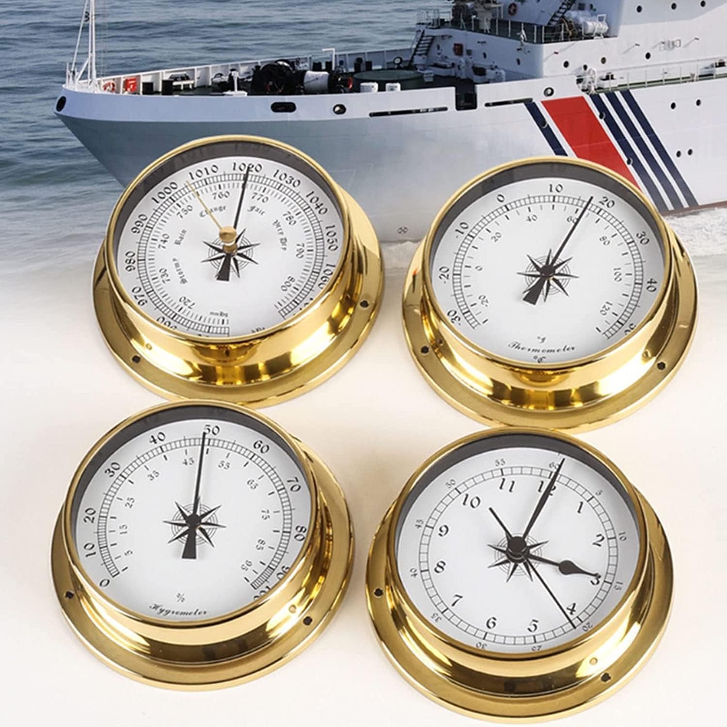 Traditional Barometer Traditional Weather Station 120mm Wall Mounted Thermometer Hygrometer Barometer Watch Tidal Clock Weather Station Copper Shell for Hotels, Warehouses, Offices Barometer