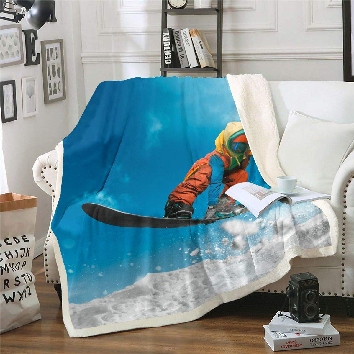 Loussiesd Snowboard Fleece Throw Blanket for Sofa Bed Extreme Sports Plush Blanket Hipster Sherpa Blanket Cool Style Fuzzy Blanket Single 50x60 Inch