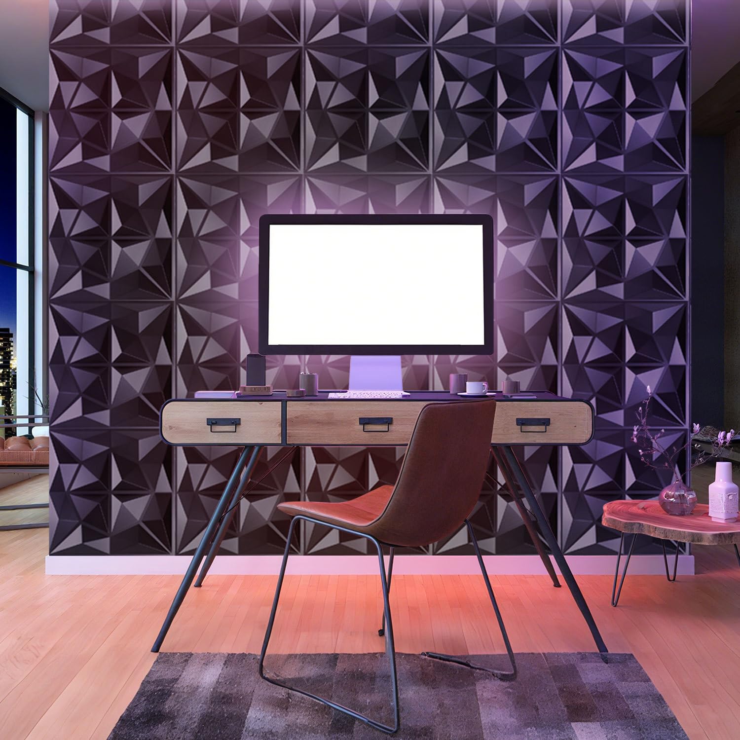 Panele ścienne 3D PCW, 24 sztuki 30 x 30 cm, płyty ścienne 3D ok. 2,16 m², wzór diamentowy w kolorze matowej czerni, odporne na odkształcenia, wodoodporne, do salonu, okładziny ścienne, z taśmą