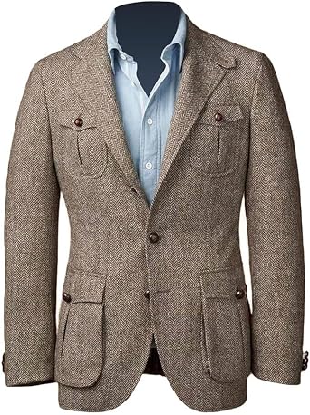 Mens Wool Herringbone Tweed Check Blazer Outwear Prom Groom Vintage Retro Jacket Casual Coat for Fall Winter