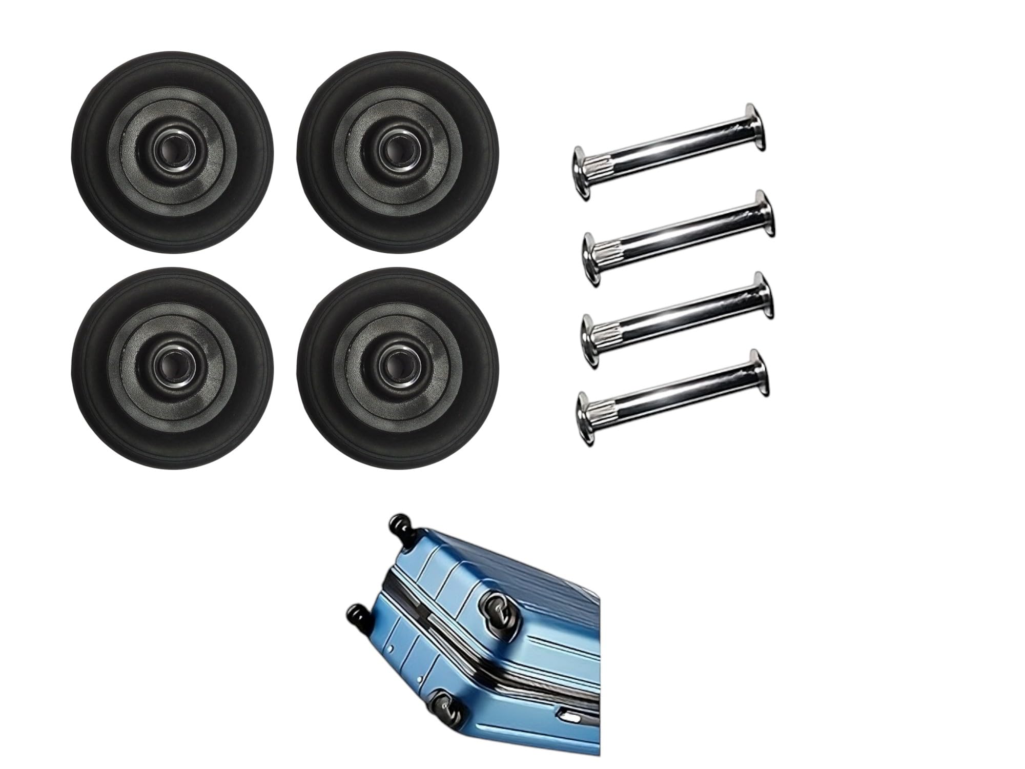 Luggage Wheel Replacement Kit, Black Plastic Wheels with Metal Rivets, 5 cm diameter Universal Trolley Wheels, 4 Pack with Installation Hardware-image-20