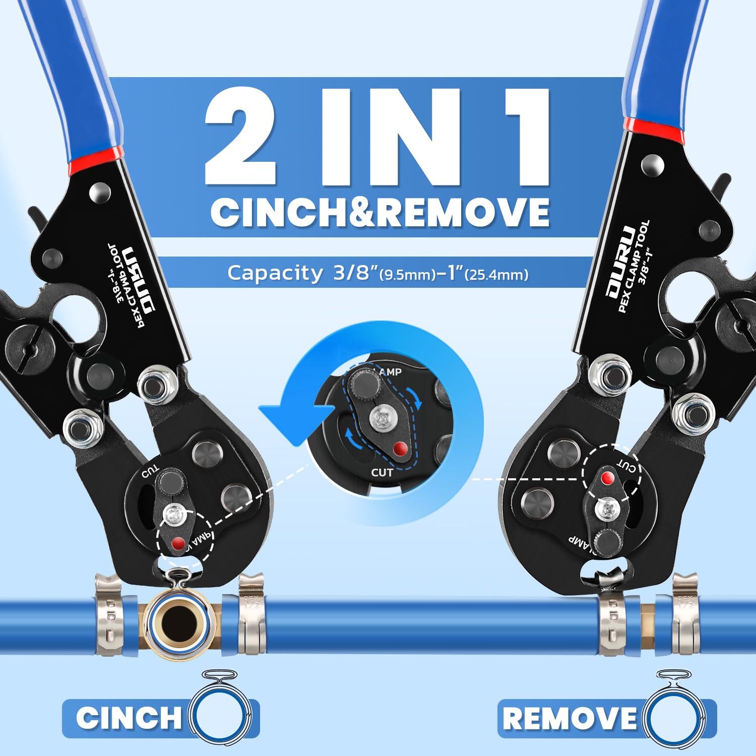 OURU Outil De Sertissage Pex 2 En 1 à Cliquet Pour Serrer Et Enlever La Fonction Combinée Pex Outil à Sertir De 0,95 Cm à 2,5 Cm Avec Coupe-Pex Et Pinces Pex