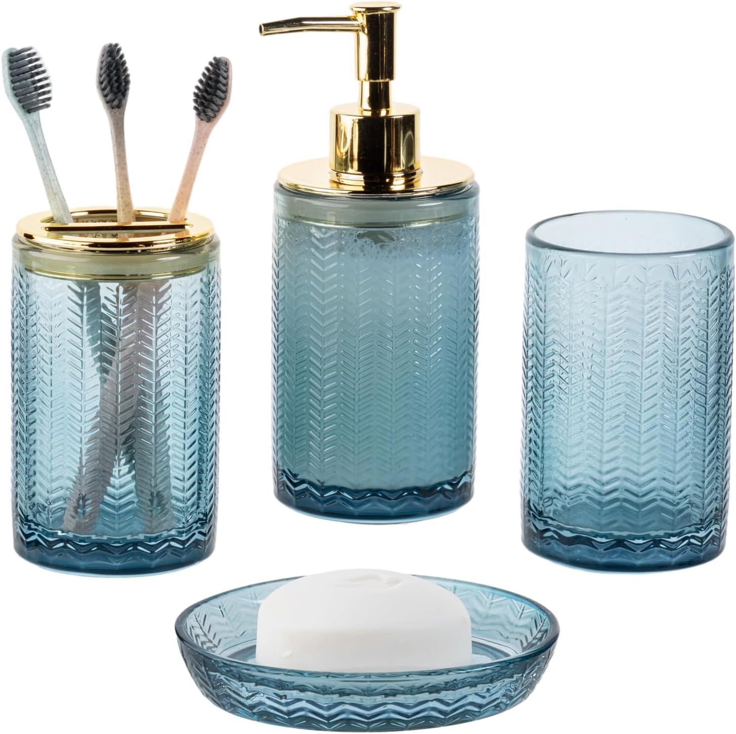 MyGift 4 Piece Modern Blue Glass Bathroom Accessories Set