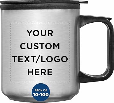 DISCOUNT PROMOS Custom Stainless Steel Travel Mugs with Handle 12 oz. Set of 10/50/100, Personalized Bulk Pack - Perfect for Coffee, Soda, Other Hot & Cold Beverages - Stainless Steel