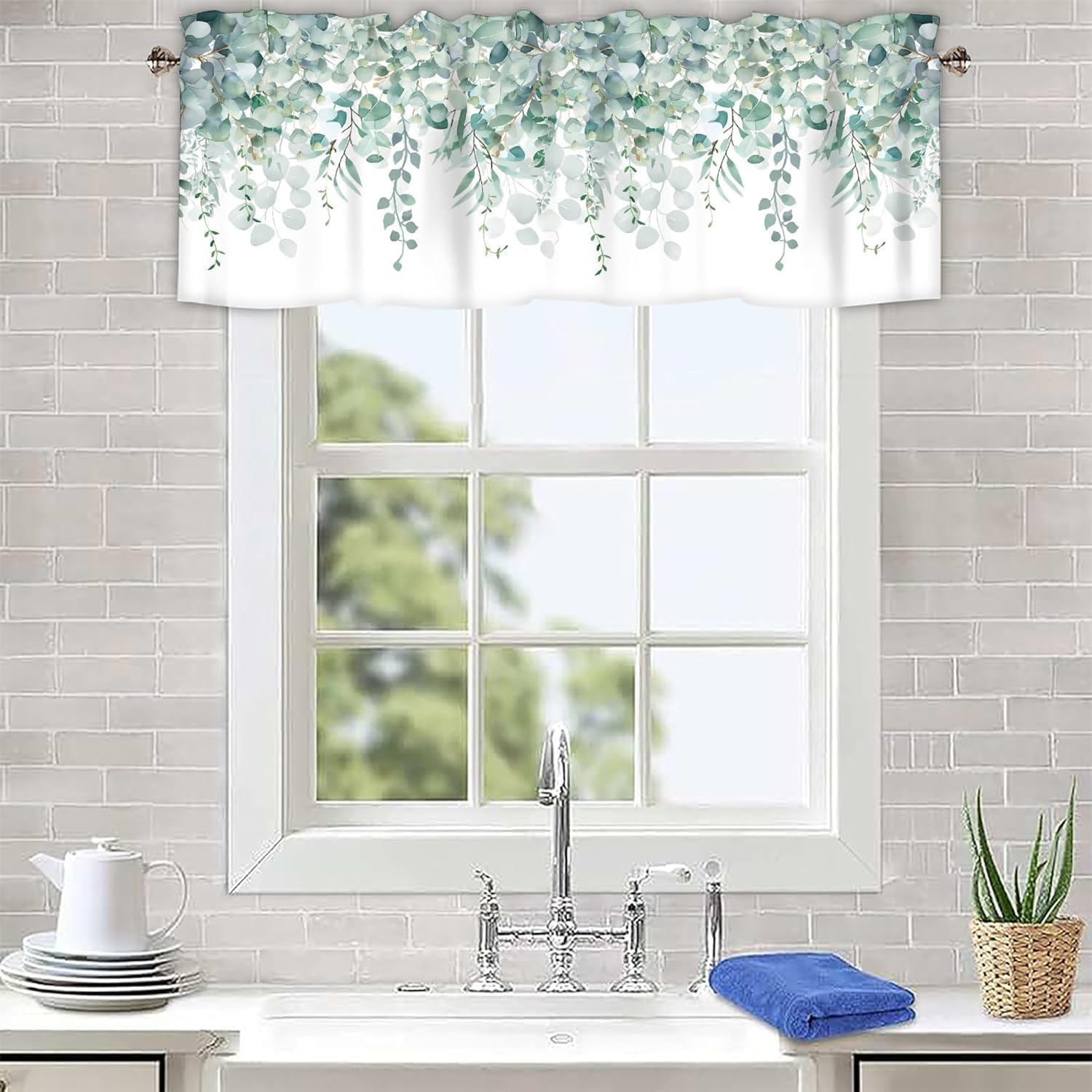 Green Eucalyptus Swag Curtain Valance for Windows,Watercolor Leaves Window Treatments Short Swag Topper for Kitchen Windows Bathroom Bedroom,28 x 36 Inch