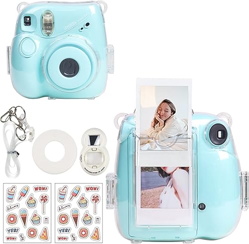 CAIYOULE Funda transparente para cámara Fujifilm Instax Mini 7+ con bolsillo trasero de almacenamiento de fotos, espejo selfie, calcomanías y correa