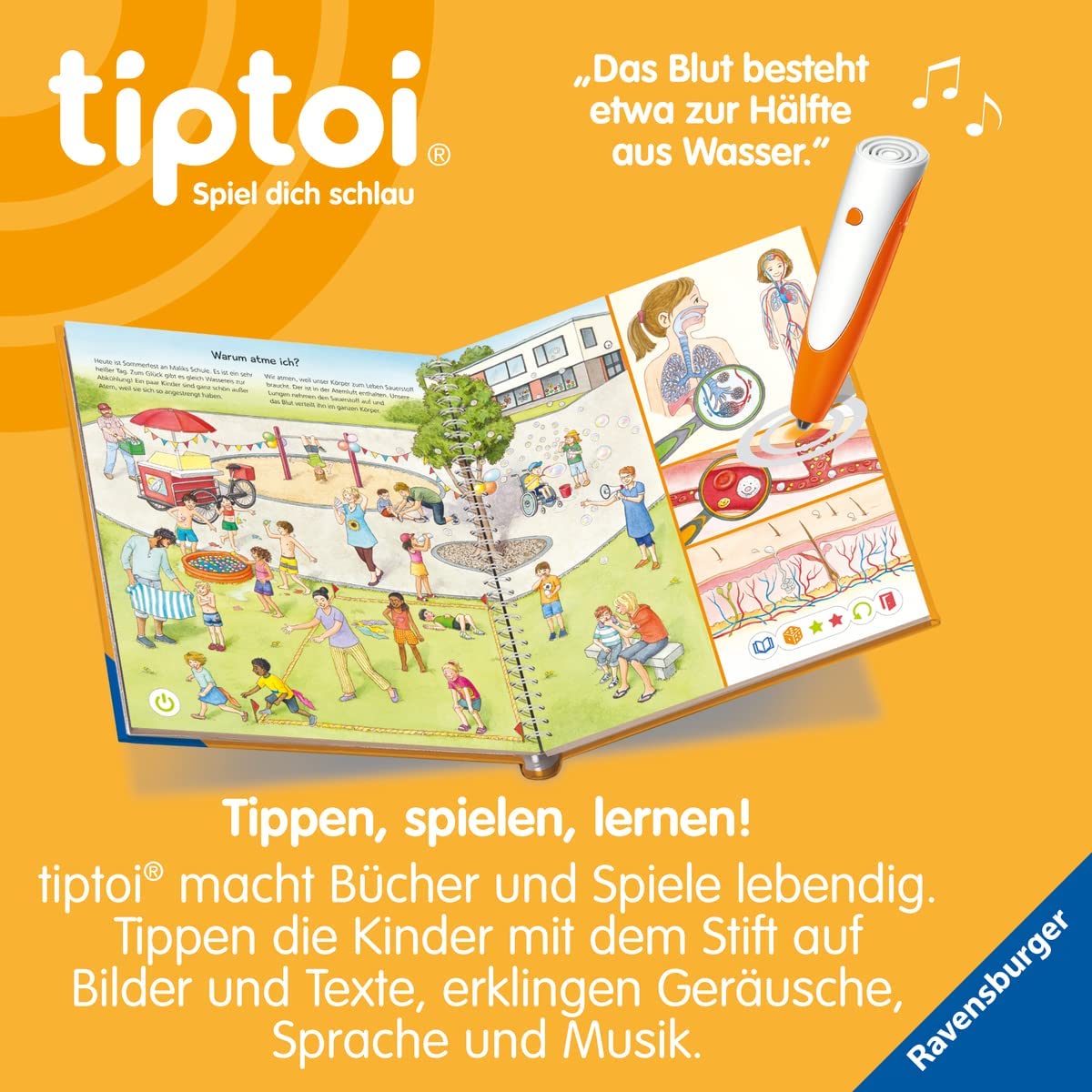 Ravensburger tiptoi Set: Dlaczego? Dlaczego? Alles über den Körper (książka dla dzieci) + 00110 tiptoi Der Stift, zabawka edukacyjna dla dzieci
