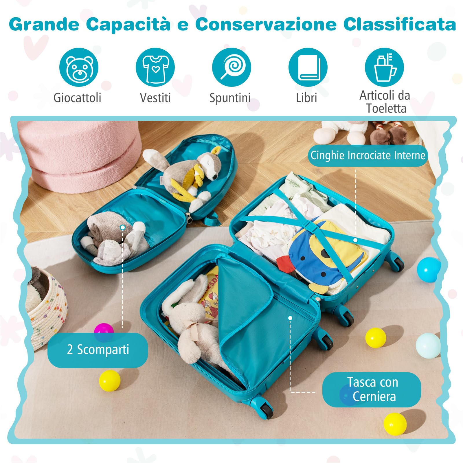 COSTWAY Set di 2 Valigia per Bambini, 17" Valigia+ 13" Zaino, con Ruote Girevoli a 360°, Maniglia Retrattile e Spallacci Regolabili, Ideale per Viaggiare in Modo Comodo e Divertente (Modello 1)