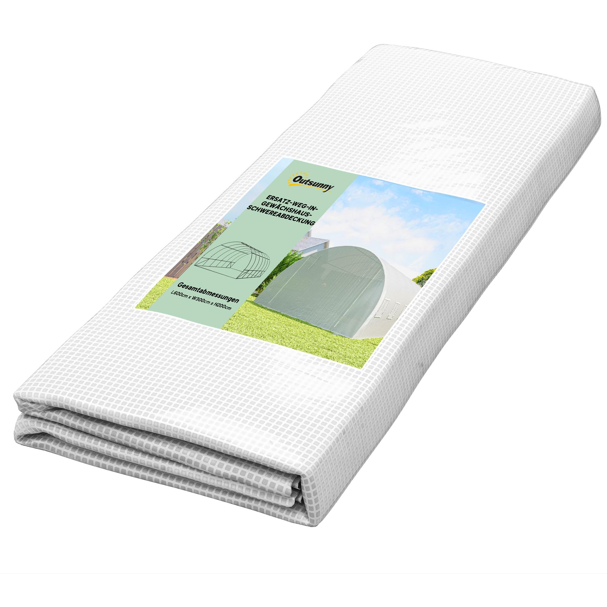 Outsunny Gewächshausfolie 3 x 6 m, wasserdicht Polyethylenfolie mit Rolltür, 12 Fenster, UV Schutz, Reißfest Gartenfolie Abdeckplane für Folientunnel Gartenarbeit, Tunnelfolie für Außenbereich Weiß