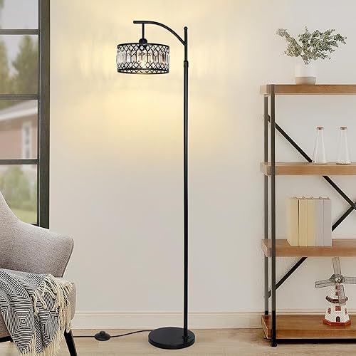 Miniatura 8 de Crystal Floor Lamps for Living Room, Modern Arc Floor Lamp, Black Standing Lamp with Edison Bulb, Height Adjustable Tall Lamp for Bedroom, Corner