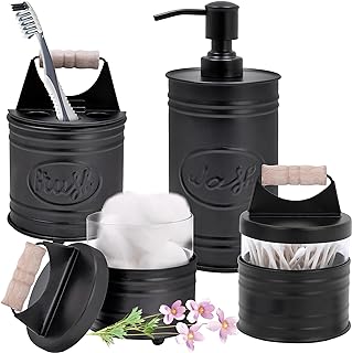 Autumn Alley Rustic Bathroom Accessories Set Black Farmhouse Soap Dispenser, Matte Black Toothbrush Holder, 2 Apothecary Jars Qtip Holder Glass - Rustic Bathroom Decor, Farmhouse Bathroom Accessories