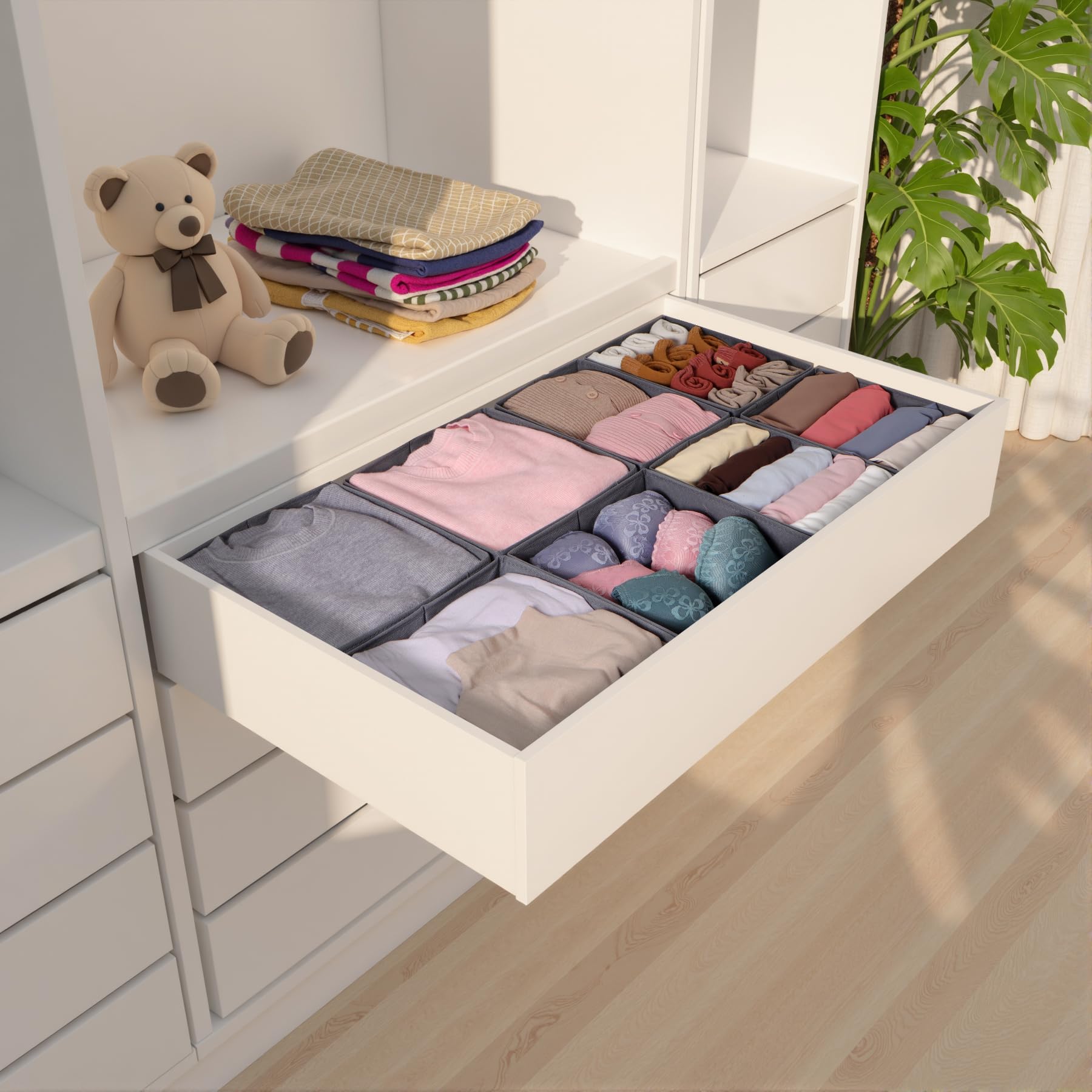 Confezione da 8 organizer per cassetti, pieghevoli, in 2 misure, con base robusta, divisori per cassetti in tessuto lavabile, per biancheria intima, vestiti per bambini, reggiseni, calze