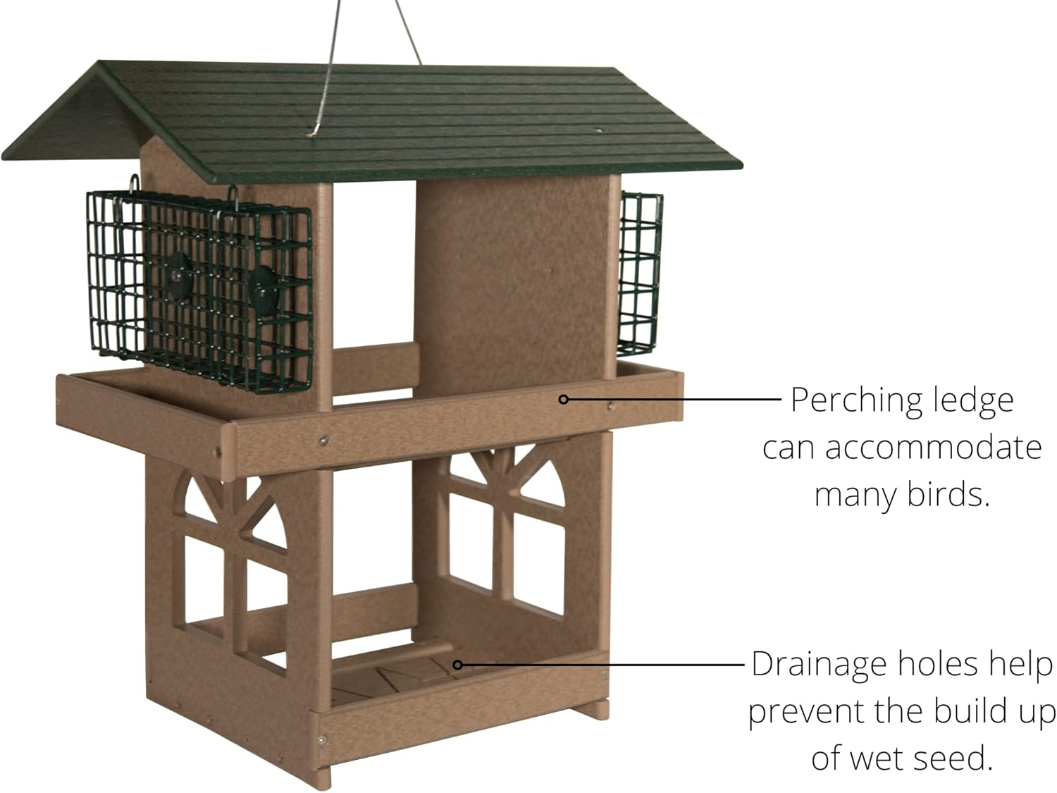 JCs Wildlife Double Fly Thru Platform Bird Feeder with Roof - Holds 8 Cups of Bird Seed & 4 Suet Cakes - Made in The USA (Fly Thru Feeder Only, Green and Tan)