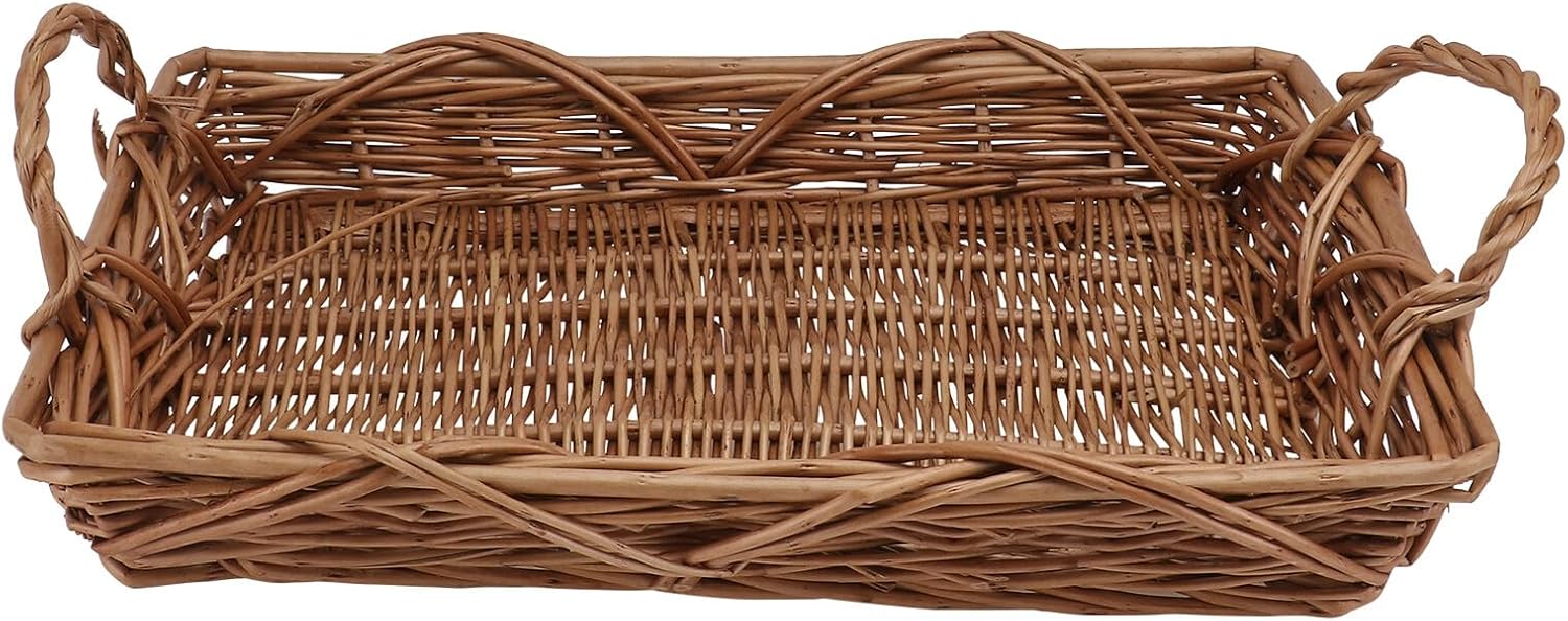 Rattan Woven Fruit Bread Basket with Handles, Rectangular Handmade Storage Basket for Snacks and Vegetables, Multi-purpose Household Serving Tray in Light Brown