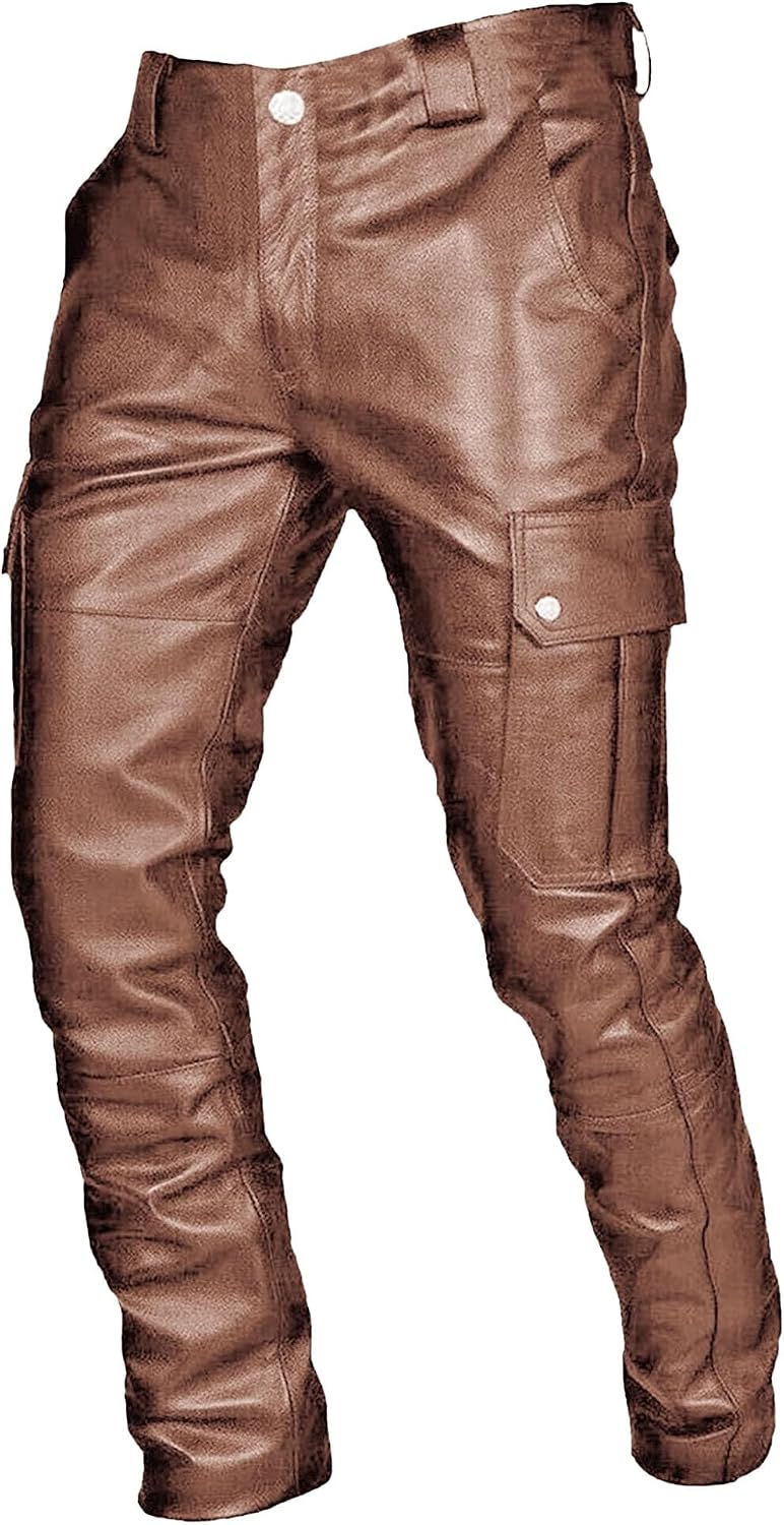 Faux Leather Pants for Men Vintage Steampunk Punk Gothic Pants Side Pockets Sports Jogger Motorcycle Cargo Trouser