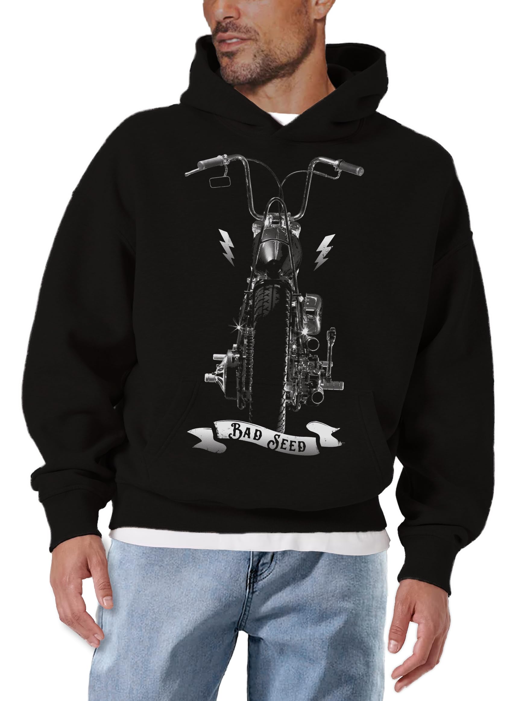 Makaya Bad Seed Sweat Shirt à Capuche Imprime Moto - Custom Bike Chopper - Pull Noir Sweatshirt