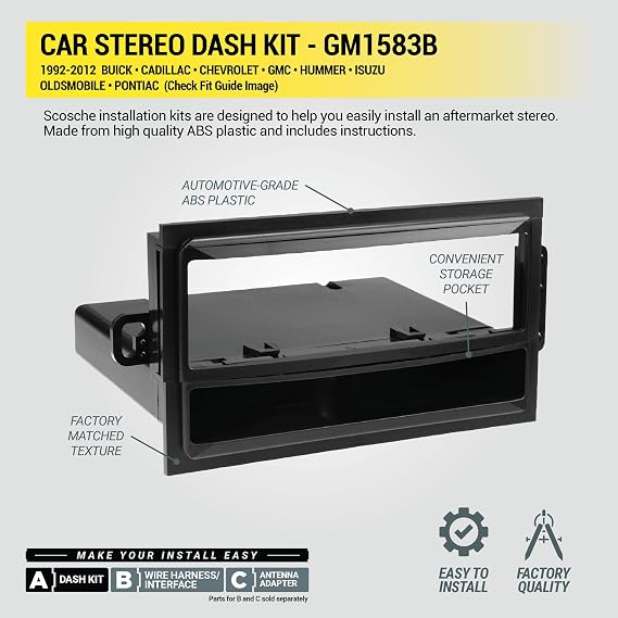 Scosche GM1583B Single DIN Dash Kit Compatible with Select 1992-2012 Buick, Cadillac, Chevrolet, GMC, Oldsmobile and Pontiac Vehicles - Car Stereo Radio Install Kit - Single DIN Radios Only