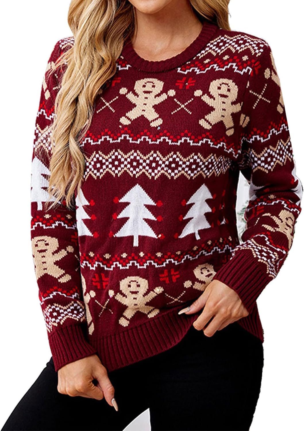 Festival Gingerbreads Man Christmas Sweater with Colorful LED Lights for Women Holiday Long Sleeve Sweater Pullover