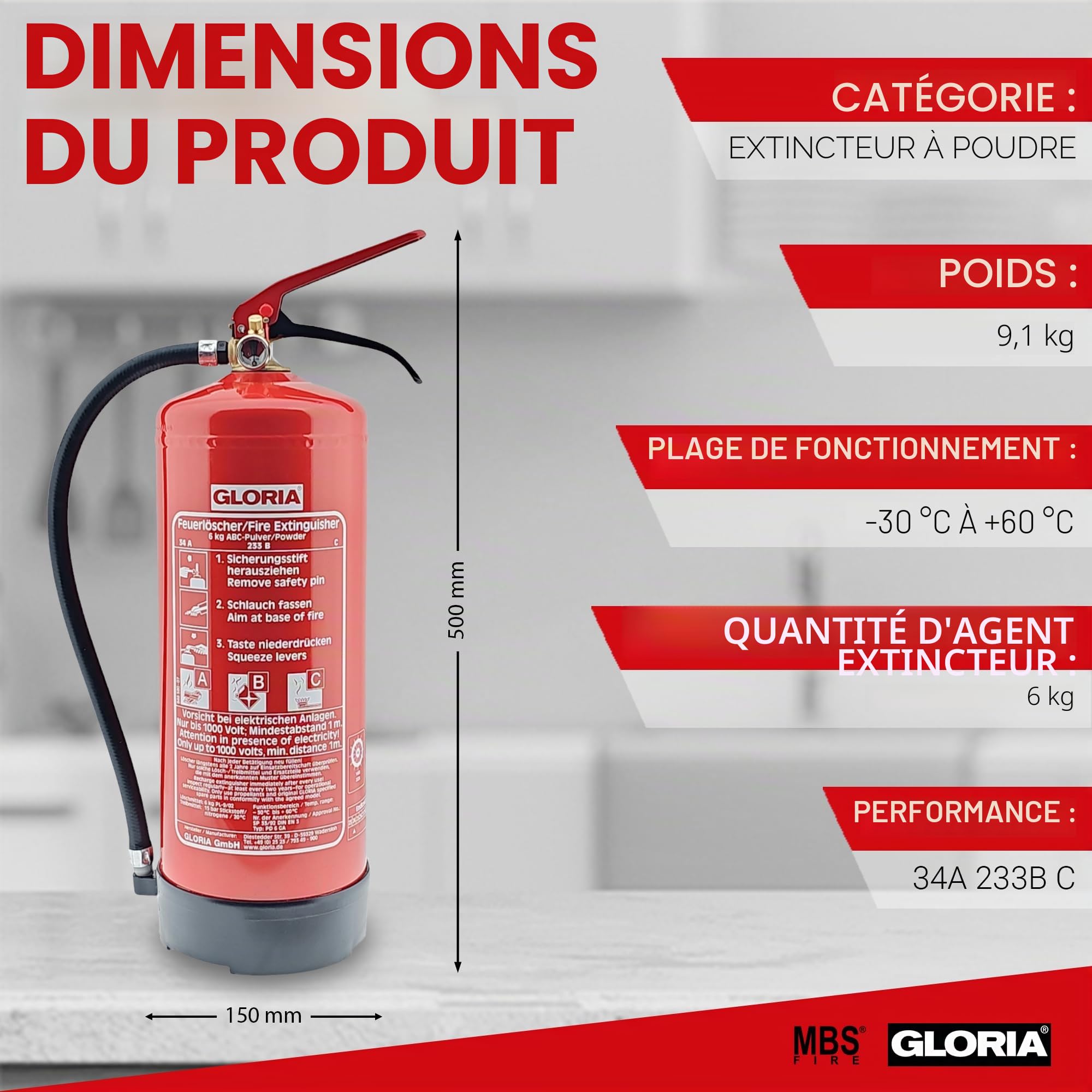 Extincteur à pression - extincteur à poudre - capcité 6 kg