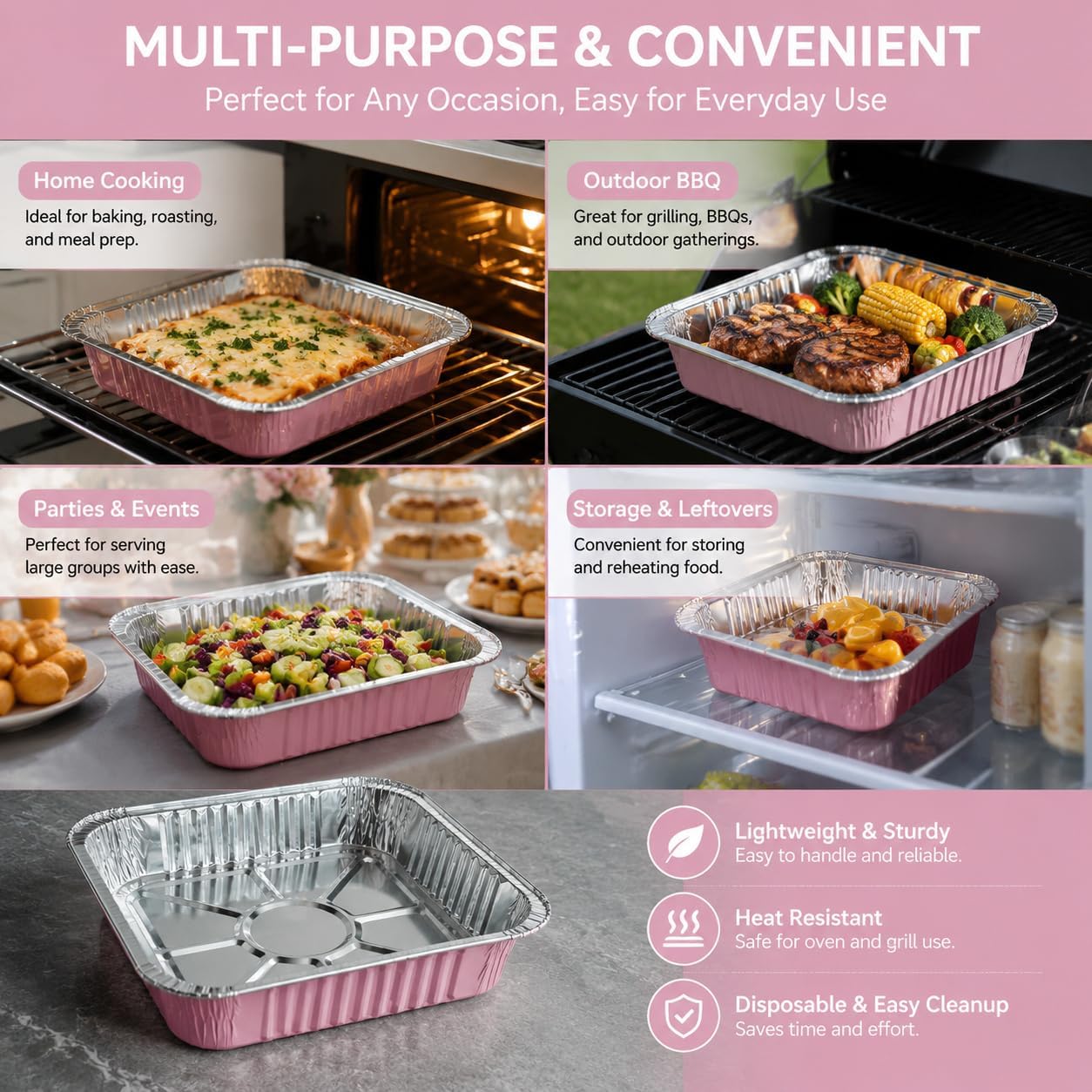 20 Pack Pink 8x8 Inch Disposable Aluminum Foil Pans | Clear Plastic Lids, Square Cake Pans, Baking, Meal Prep & Storage, Heating & Cooking